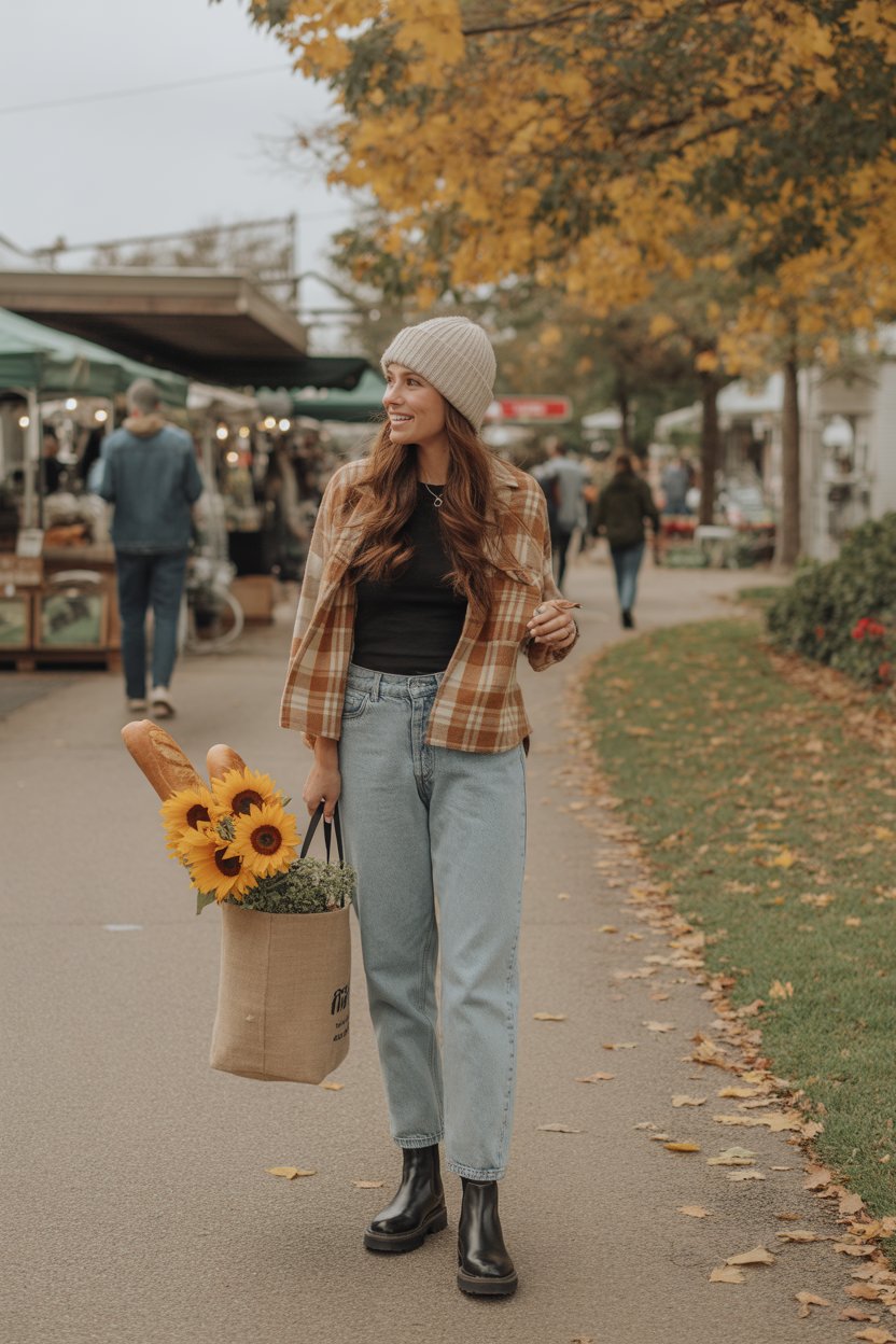 For fall walks, farmers markets, or family pumpkin hunts, reach for relaxed denim, a plaid flannel or cozy shacket, and Chelsea boots.