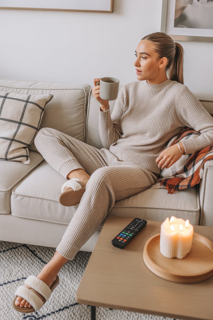 When the forecast calls for couch time, leggings and an oversized hoodie are fine—but elevate it with a matching set or joggers in a luxe fabric.