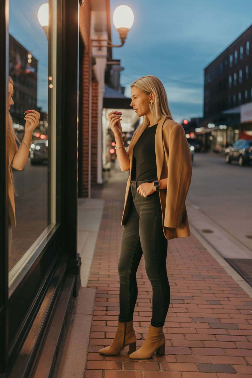 No time to start from scratch? Keep your base outfit (jeans + tee) and swap sneakers for heeled boots, layer on a blazer, and grab a clutch.