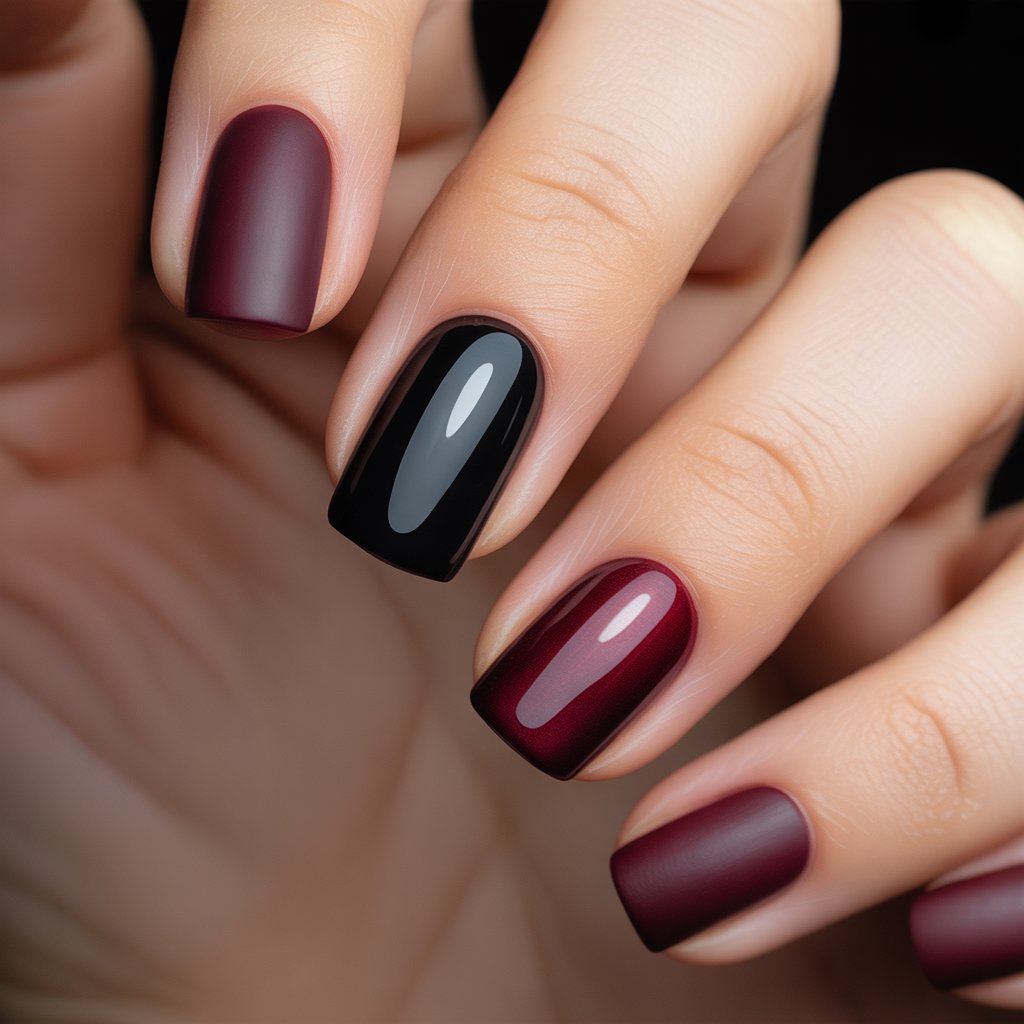 Matte burgundy nails paired with a single glossy accent nail. The texture contrast makes a simple color instantly more interesting without feeling overdone.