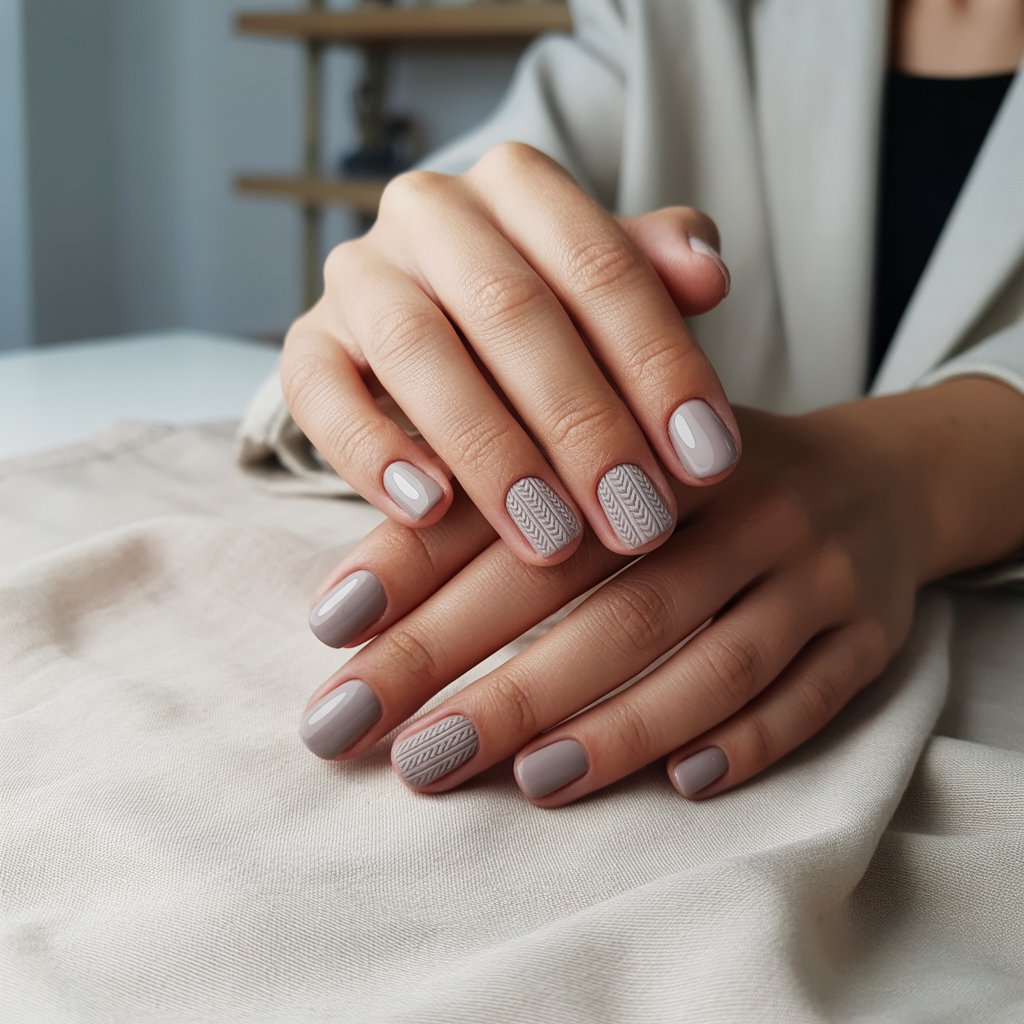 Soft taupe nails with a single sweater-textured accent nail on each hand. Think cable-knit sweater, but shrunk down onto your fingertips.