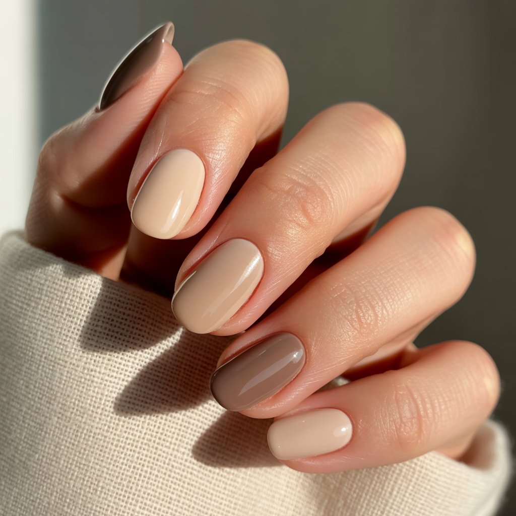 A gradient manicure starting with soft beige on the pinky and ending with a rich mocha brown on the thumb. It’s subtle, chic, and goes with literally every outfit.