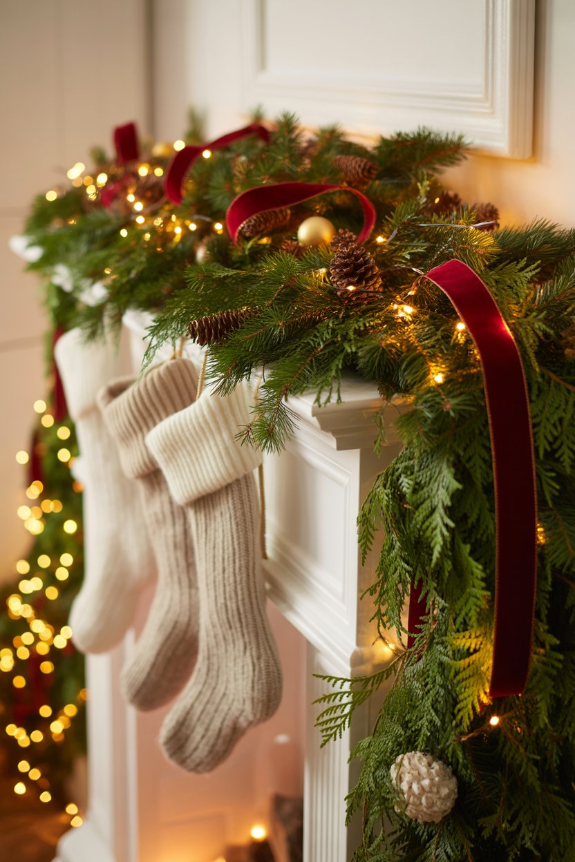 A full, draping evergreen garland instantly feels timeless, but the trick is in layering.