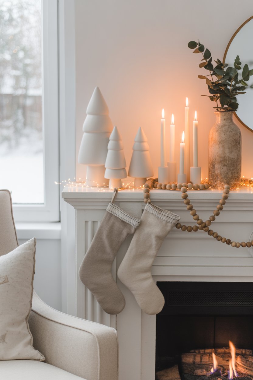 If you love a clean, Scandinavian vibe, skip the garland altogether and focus on tone and texture.