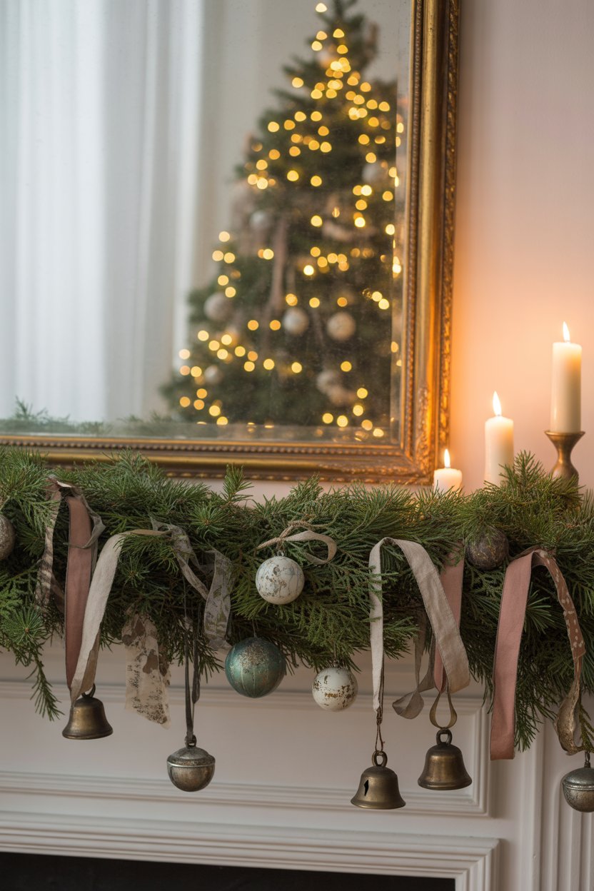 Raid your holiday storage (or your grandmother’s attic) for antique touches — brass bells, mercury glass ornaments, and aged mirror frames. 