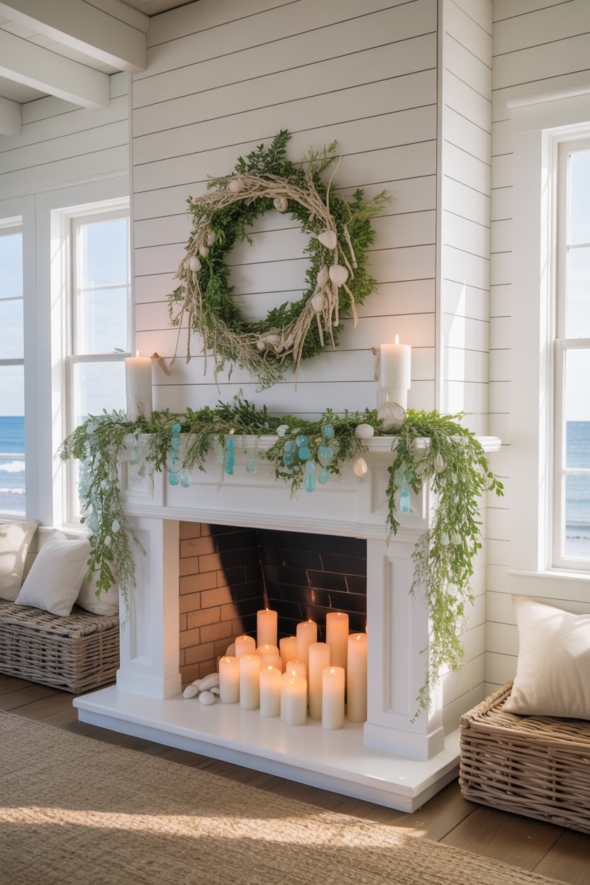 If your decor leans breezy or you’re decorating a beach home, bring in natural textures — driftwood, sea glass, and soft blue ribbons mixed with greenery. 