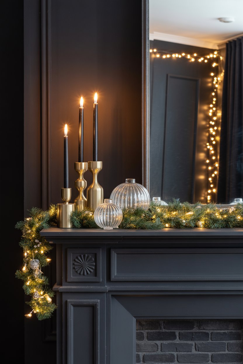 Keep it structured: black and gold candlesticks, sleek metallic garland, and glass ornaments in a monochrome palette. 