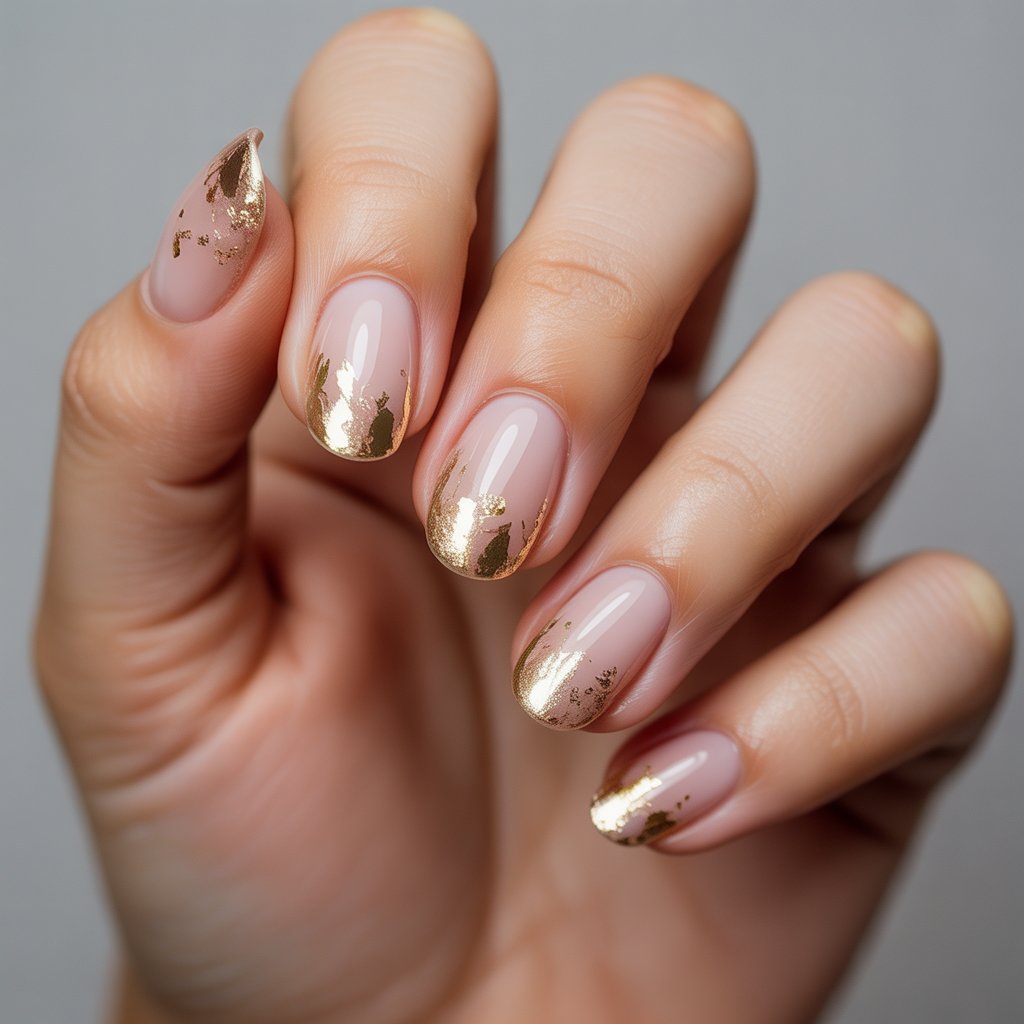 A sheer nude base topped with irregular flecks of gold foil near the tips. It’s elegant, low effort, and catches the light beautifully.