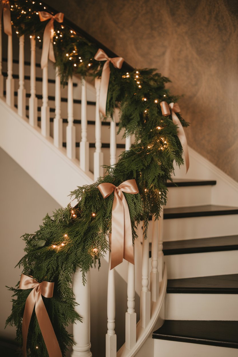 Nothing feels cozier than a glowing banister wrapped in greenery.