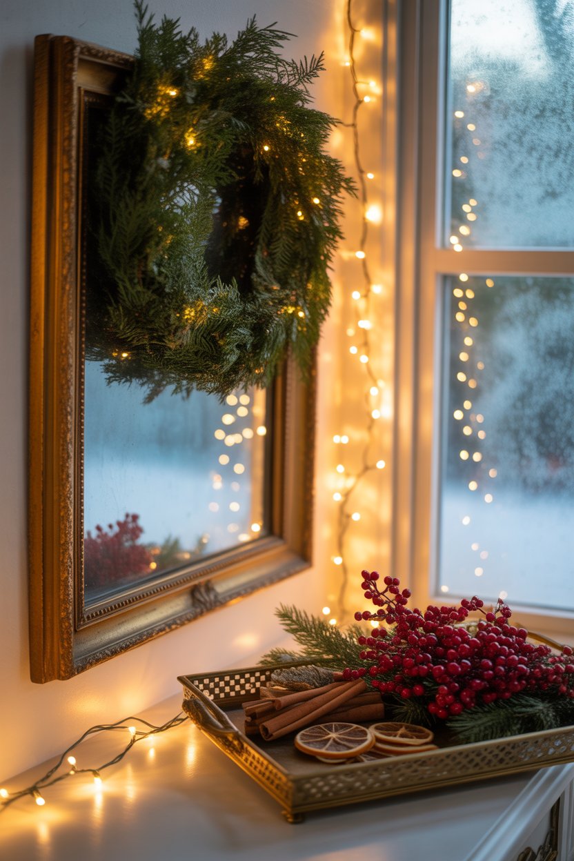 Dress up wall art with mini wreaths or sprigs of pine.