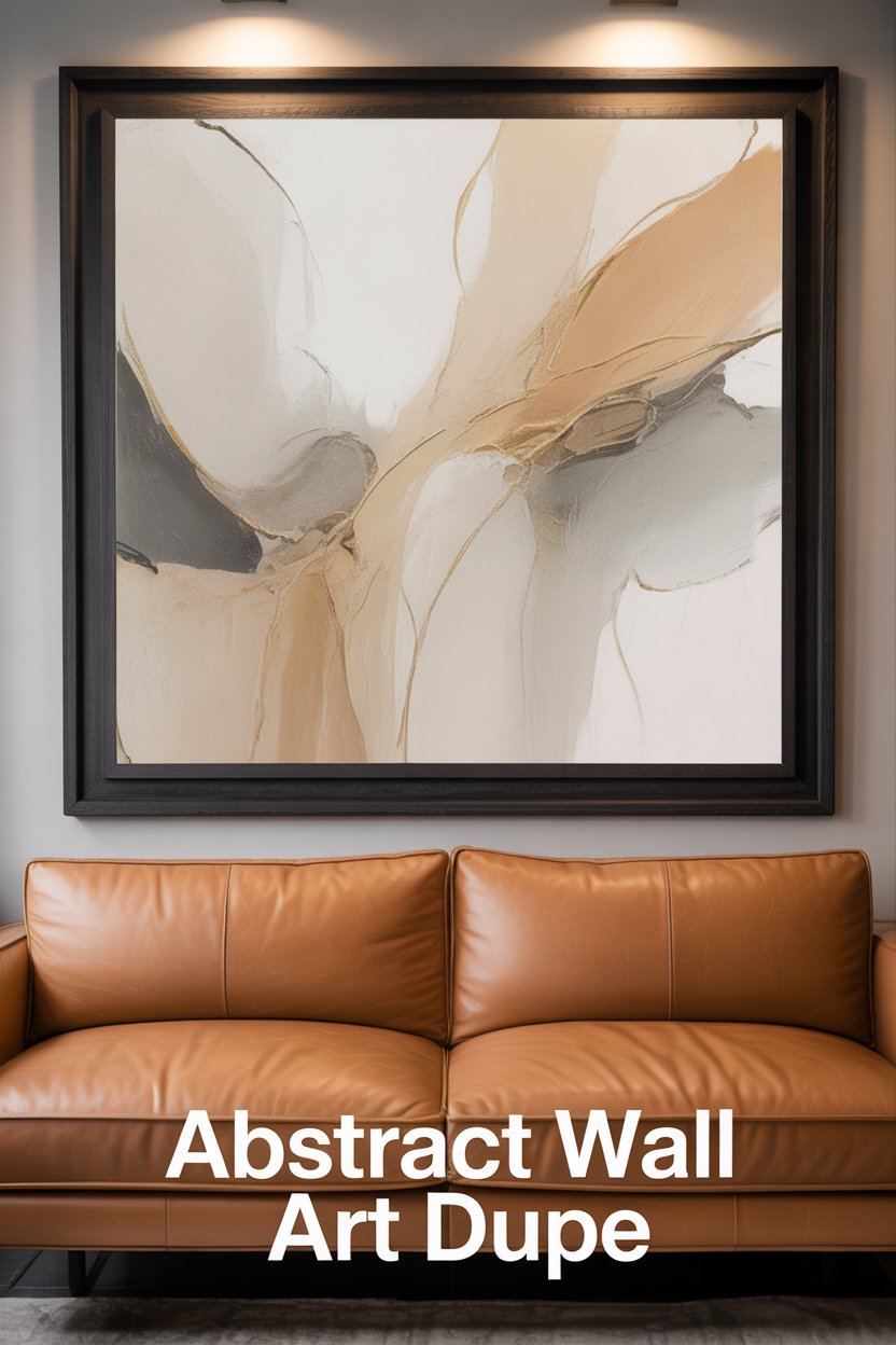 Oversized neutral abstracts—putty, charcoal, ivory—fill blank walls with calm movement. 