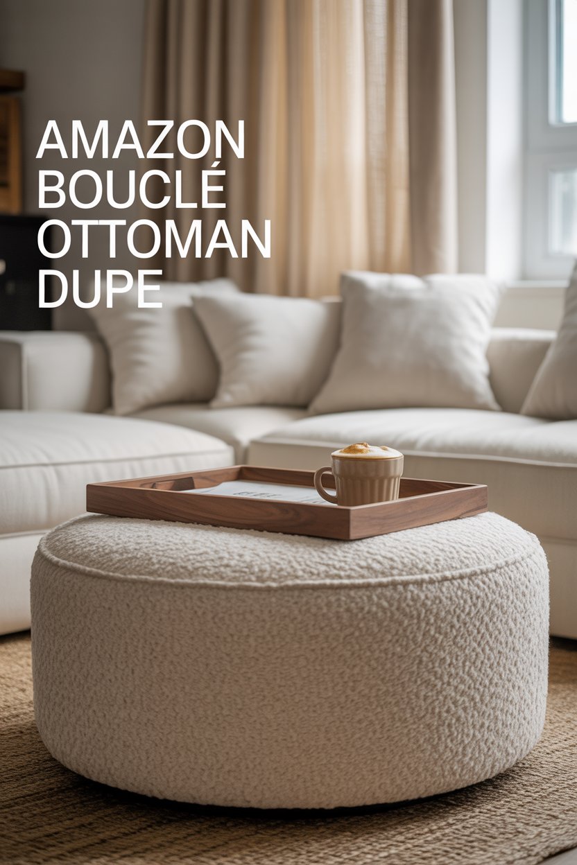 A round bouclé pouf brings plush texture and an extra perch.