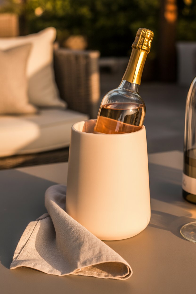 A double-walled stainless or matte-ceramic chiller keeps bubbly crisp.