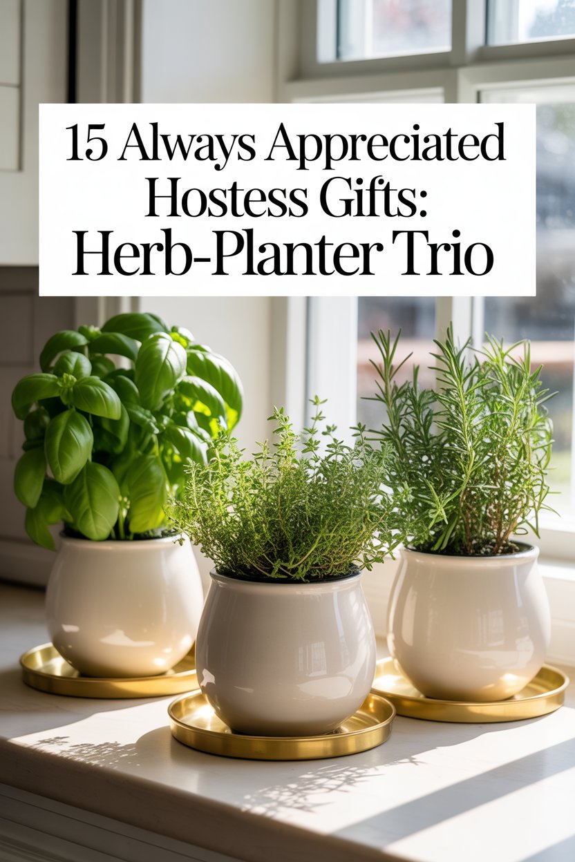 Matte-white ceramic pots with brass drip trays give herbs a modern edge.