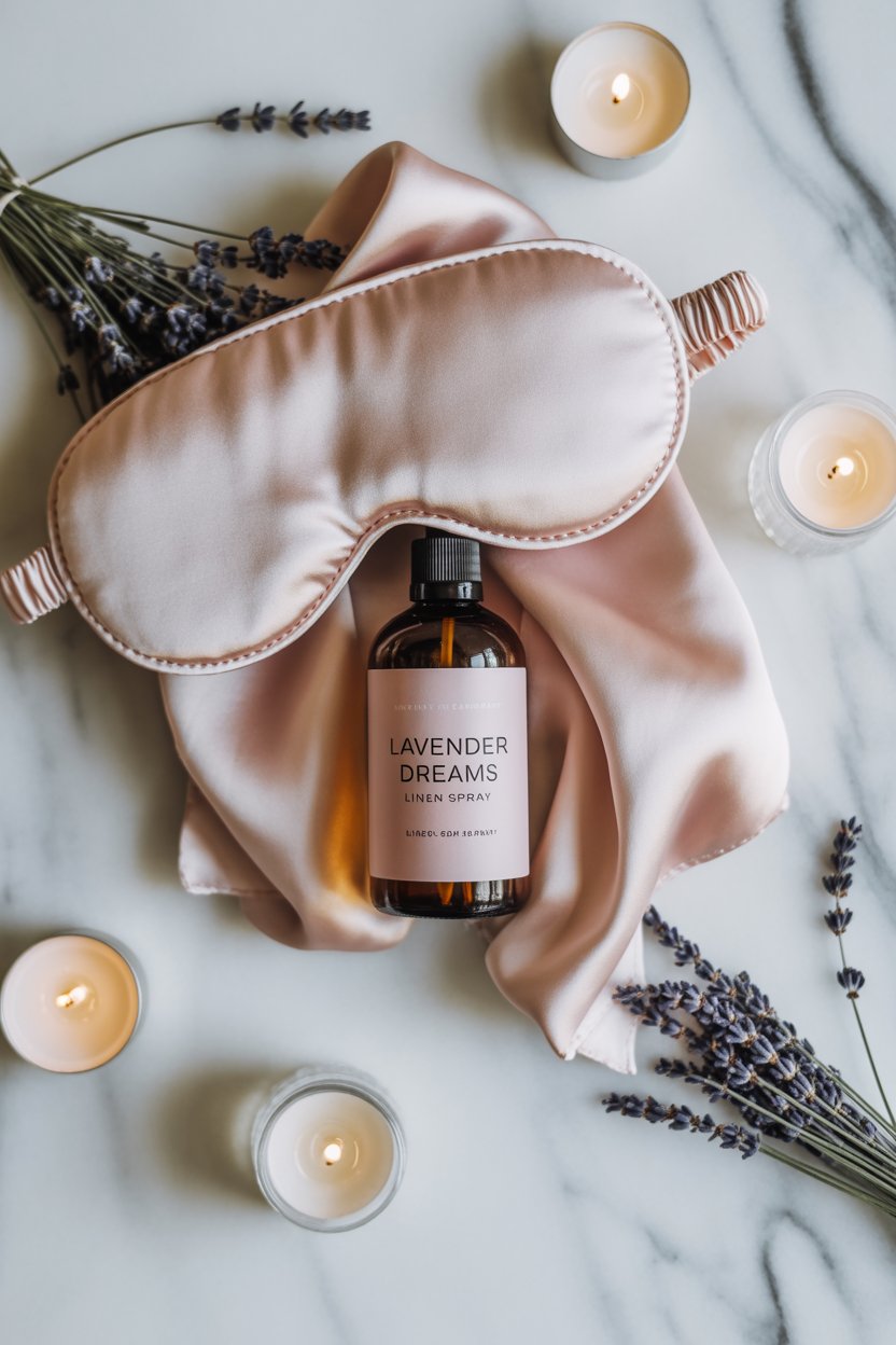 A blush silk mask paired with lavender-bergamot linen mist feels five-star.