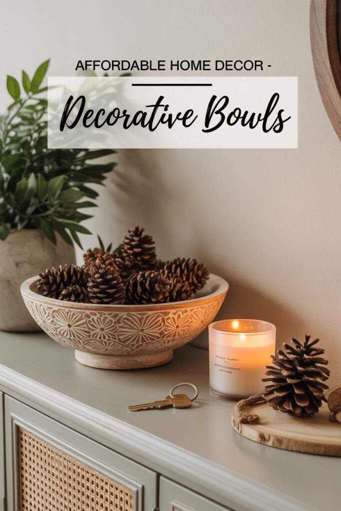 Catch-all bowls made from wood, ceramic, or stone add beauty and function to entryways, coffee tables, or kitchens. 