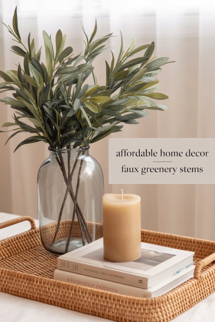 High-quality faux olive branches, eucalyptus, or pampas grass add greenery without maintenance.