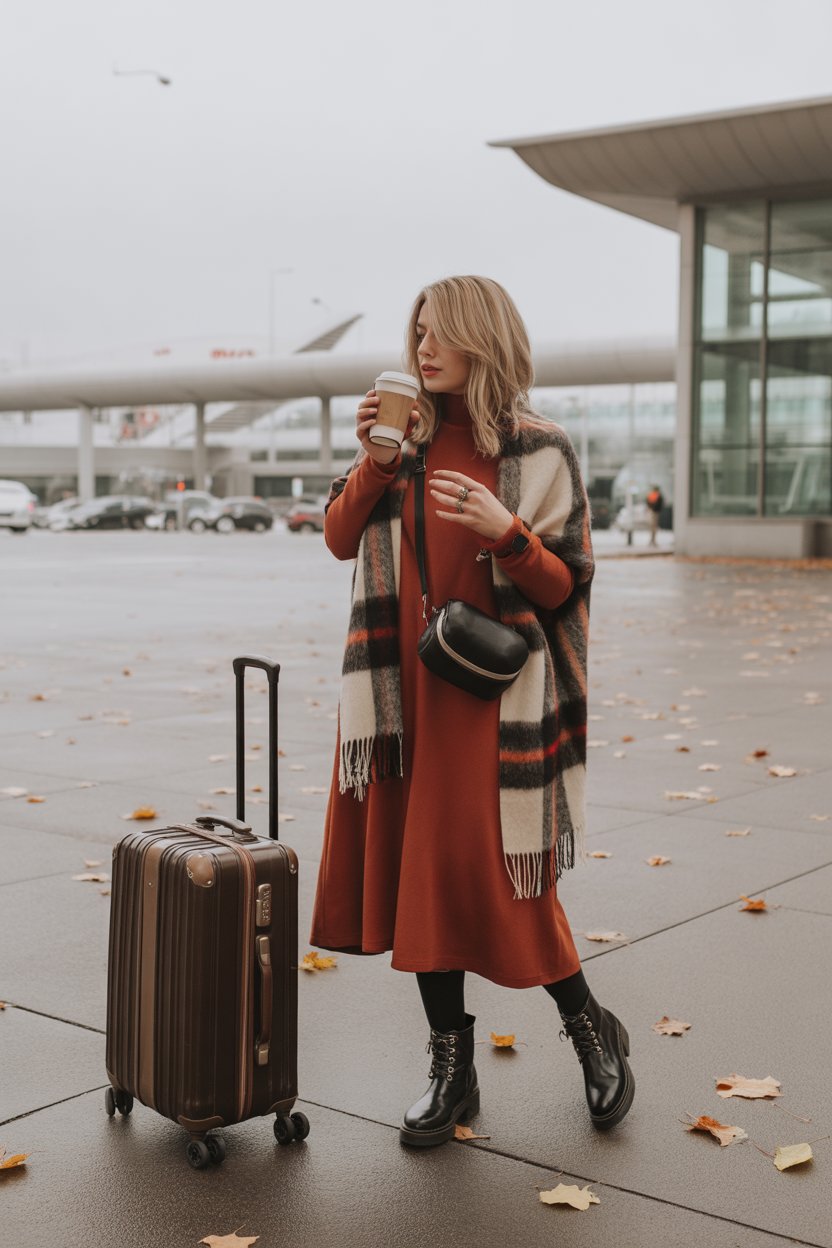 Perfect for travel days or quick escapes. The scarf doubles as a blanket, the sneakers keep things practical, and the whole look reads effortlessly chic.