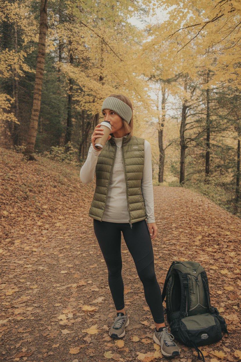 Golden forest trail with fallen leaves. Woman in olive quilted vest, long-sleeve tee, black leggings, and trail sneakers sipping coffee from a thermos. Backpack and knit headband nearby.