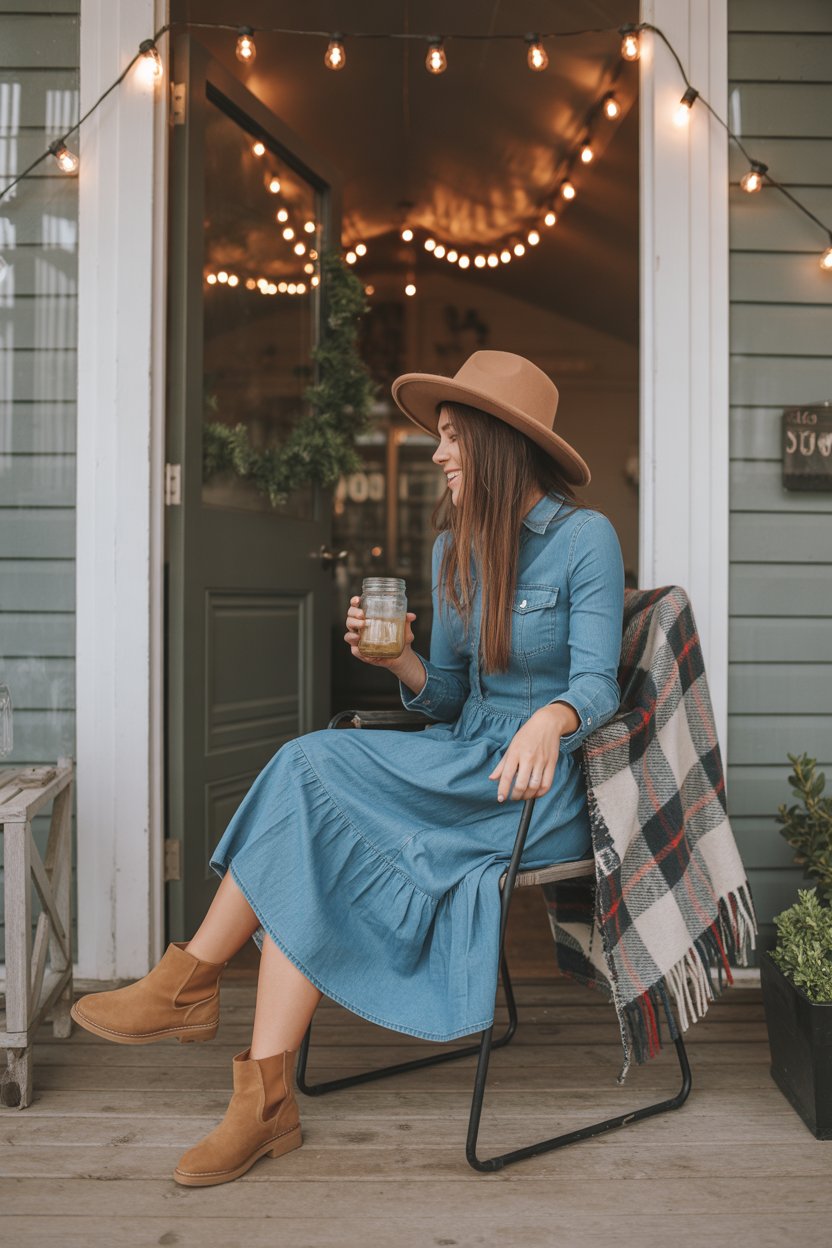 Soft denim and a structured boot feel casual but camera-ready. Add a crossbody or suede jacket for texture.