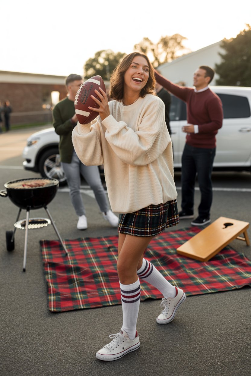 Fun, flirty, and warm enough for the stands. Add tall socks or a quilted jacket for extra style points.