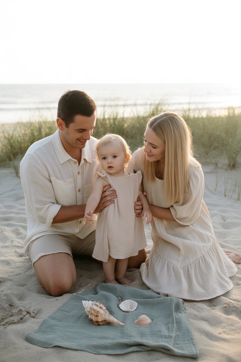 The beach already gives you a built-in color story: cream sand, blue water, golden sunlight.