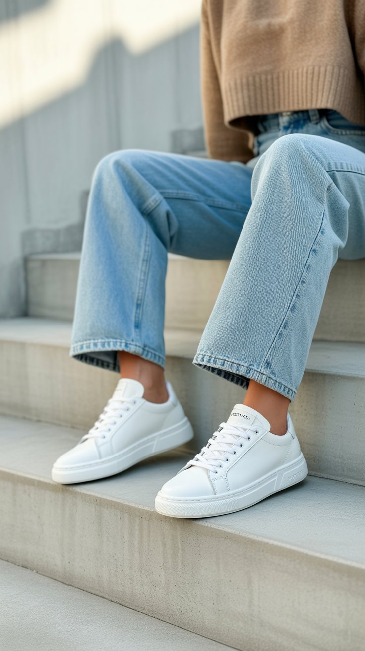 A low-profile sole keeps proportions balanced with dresses or wide-leg denim; minimal branding feels elevated, not gym class.