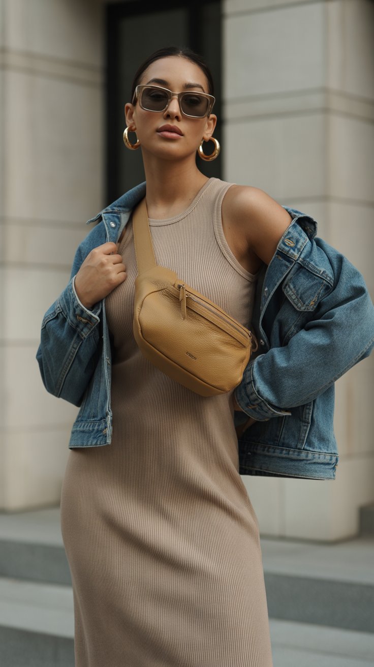 Anchor every outfit with gold hoop earrings, a neutral crossbody in buttery pebbled leather, and oversized sunnies. Stick to warm metallics and tan or black leather to harmonize across looks. 