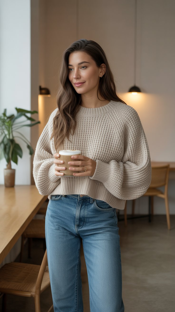 Choose a chunky cotton-cashmere blend in oat, taupe, or heather gray. 