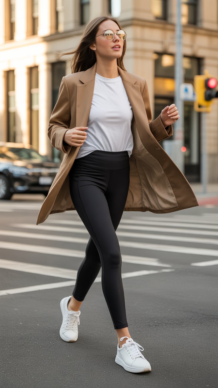 Opt for a thick, matte ponte or scuba knit that reads more “structured pant” than gym wear. A 7/8 length visually lengthens the leg and shows off ankle boots or sneakers. 