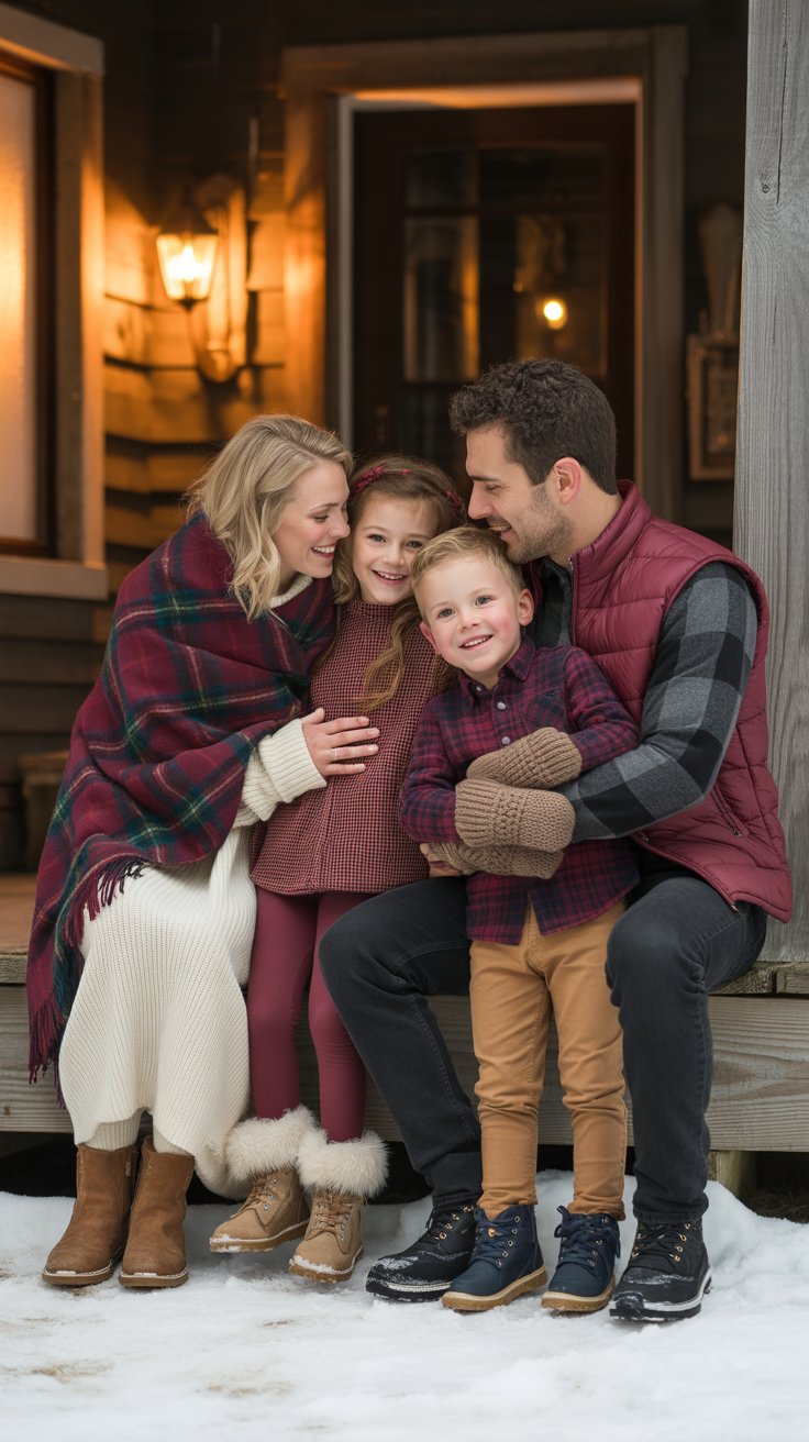 Style Mom in a burgundy plaid blanket scarf over a cream sweater dress, Dad in a charcoal flannel and burgundy puffer vest, and kiddos in micro-plaid shirts paired with cocoa leggings.
