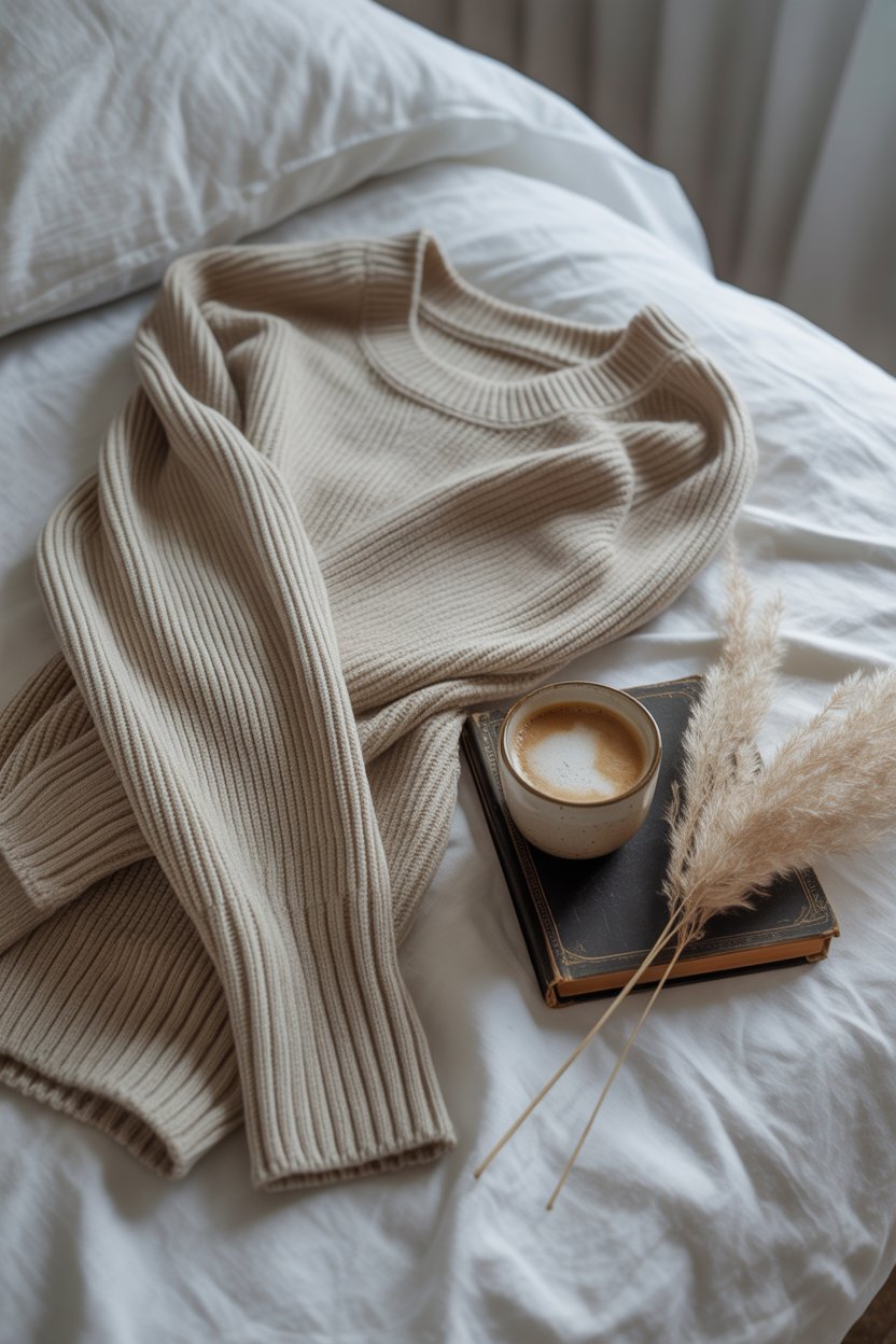 Oatmeal, cream, or gray — a cozy layer that looks intentional. Half-tuck it into jeans or throw it over your shoulders.