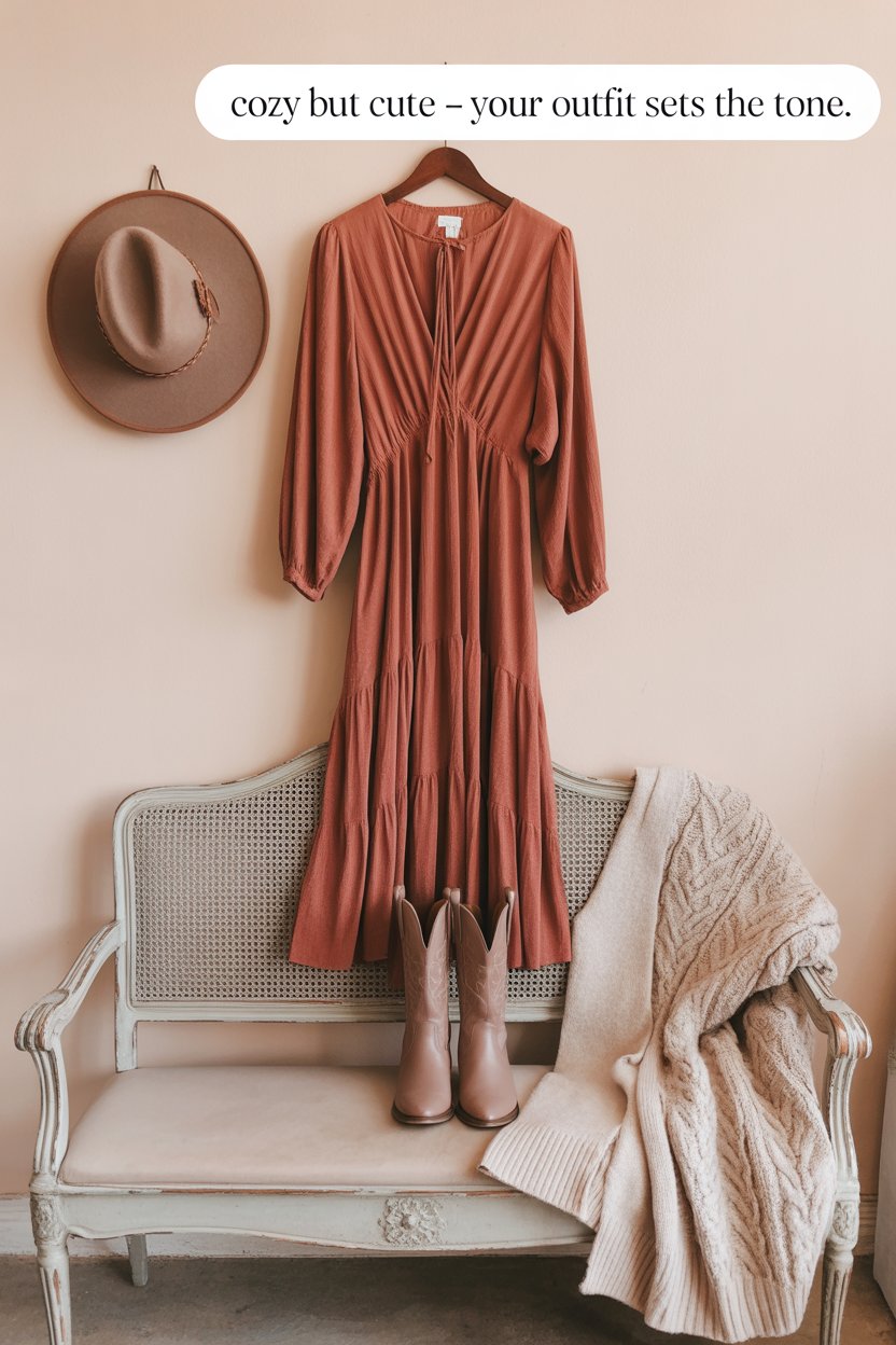 Choose something comfortable but structured—like a midi dress with boots or high-waisted jeans with a tucked-in blouse and cardigan. 