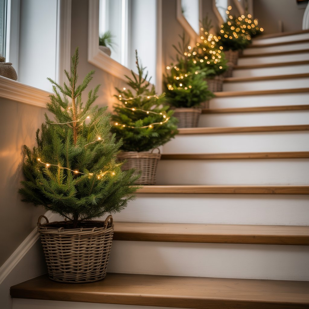 Line the staircase with small potted evergreens. They’re charming, affordable, and bring the outdoors inside.