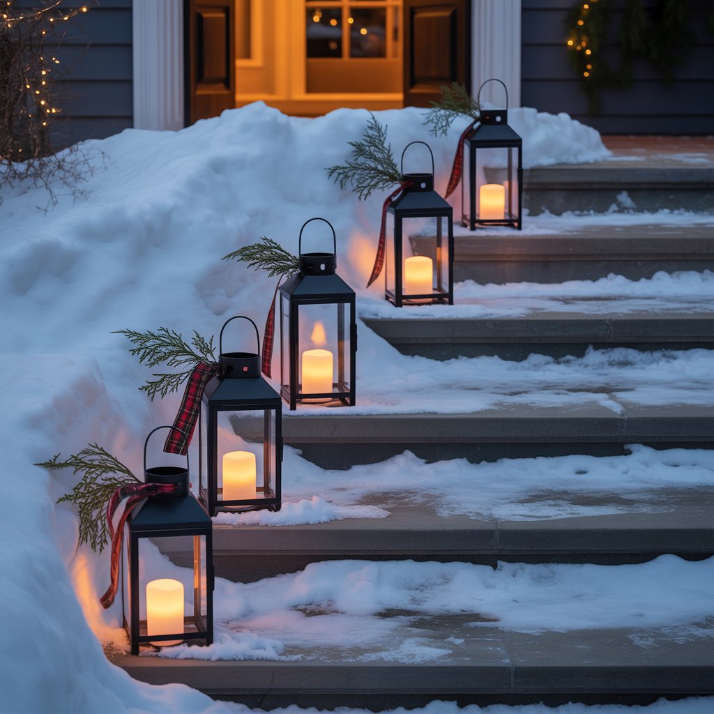 Lanterns create a warm glow and guide the way into your home. They work beautifully along porch steps, inside an entryway, or even grouped by a staircase landing.