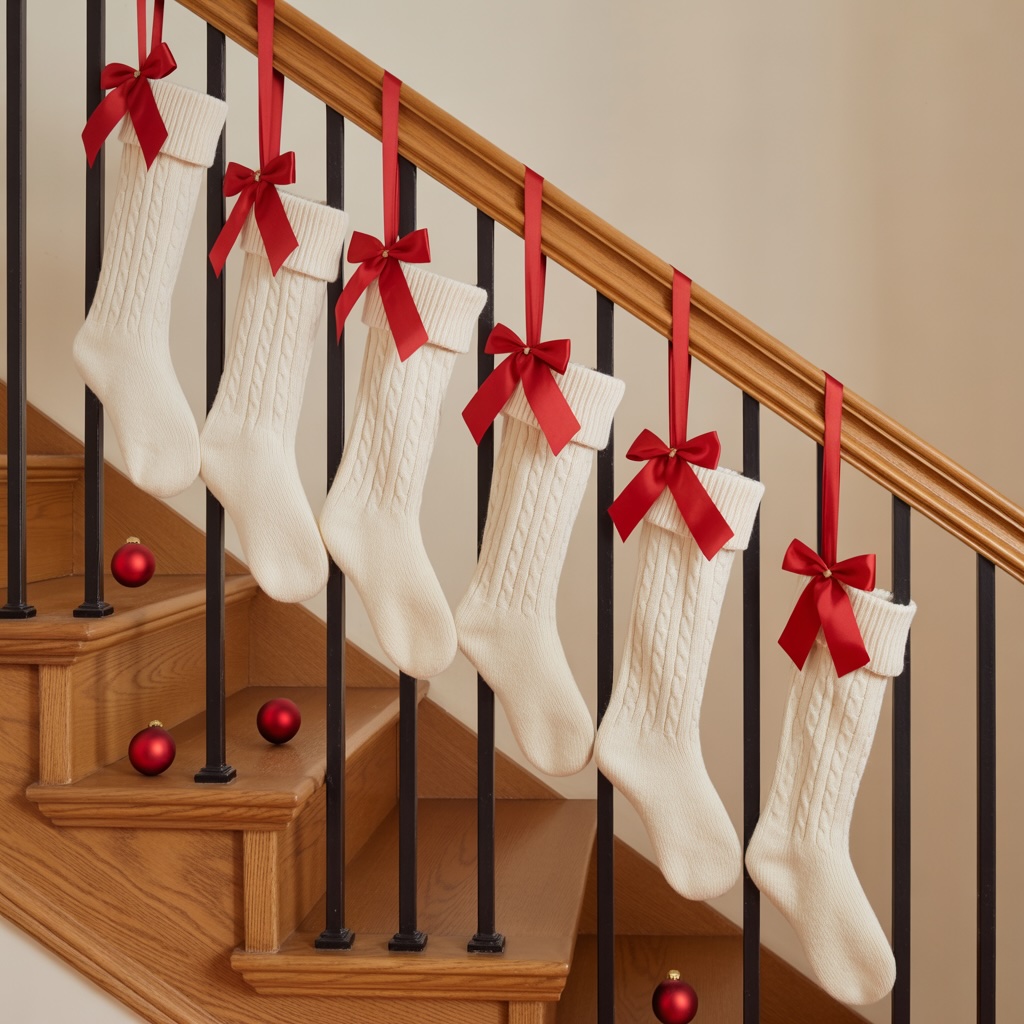 A staircase railing is the perfect place to hang stockings, giving them pride of place without taking up space.