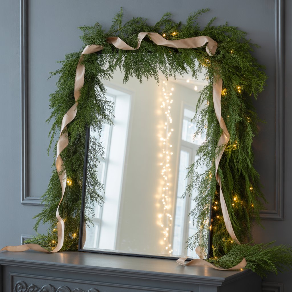 If you have a mirror near your entryway, framing it with greenery instantly makes the space feel festive and polished.