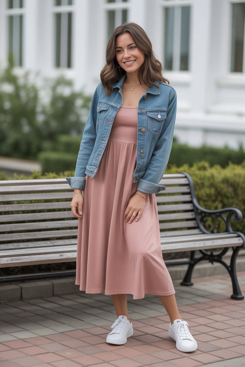 A soft knit or jersey midi dress moves easily through the day, and a denim jacket keeps it casual but intentional.