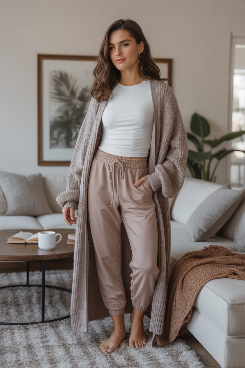 Choose joggers with a tapered leg and a solid neutral tone. A long cardigan gives it structure while still feeling like you’re in pajamas.