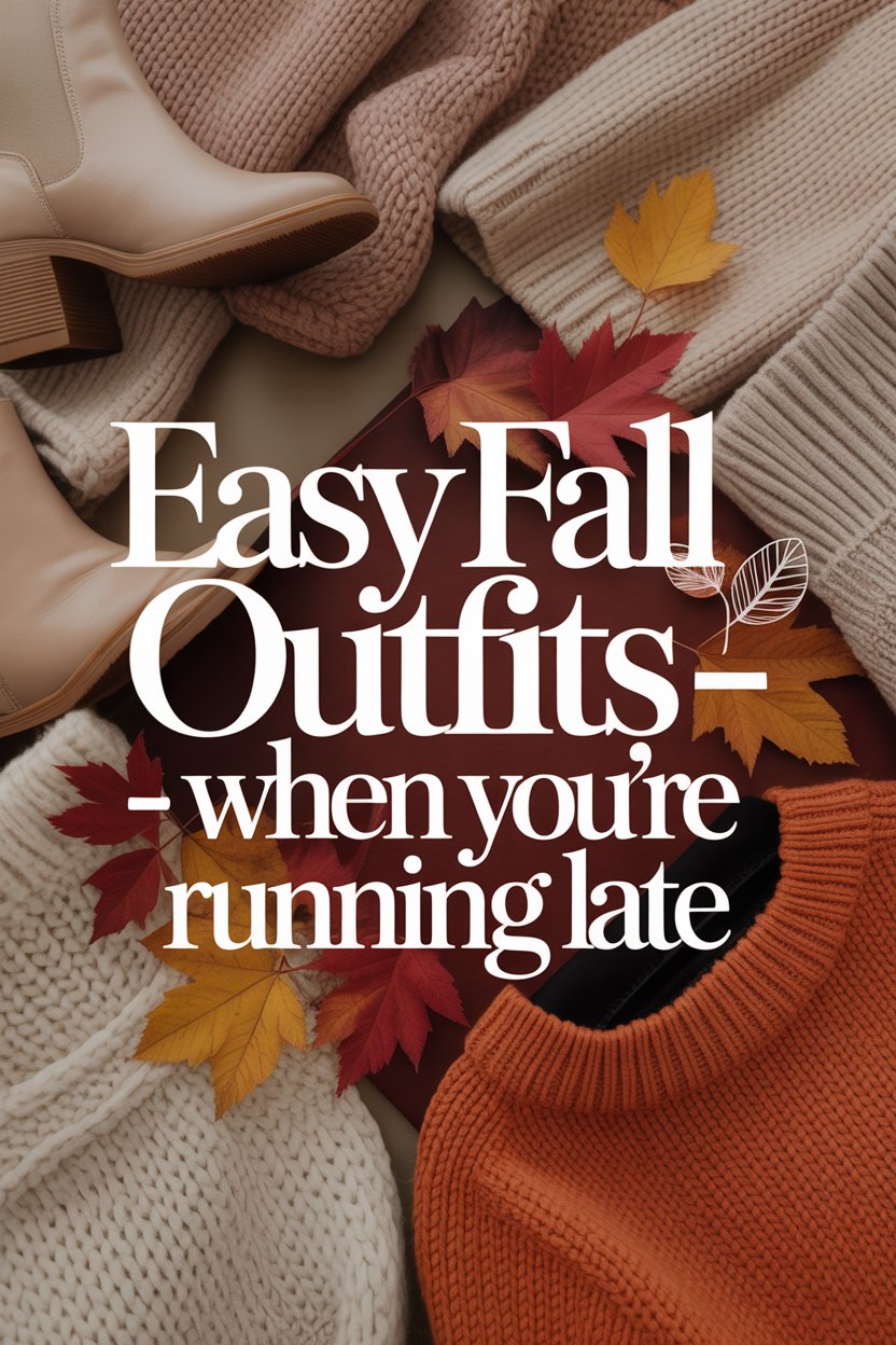 Main Image: Create a visually appealing collage that captures the essence of easy fall fashion. Include elements like cozy sweaters, stylish boots, and autumn foliage. Overlay the text "Easy Fall Outfit Formulas - When You're Running Late" in elegant, bold typography to attract attention on Pinterest.
