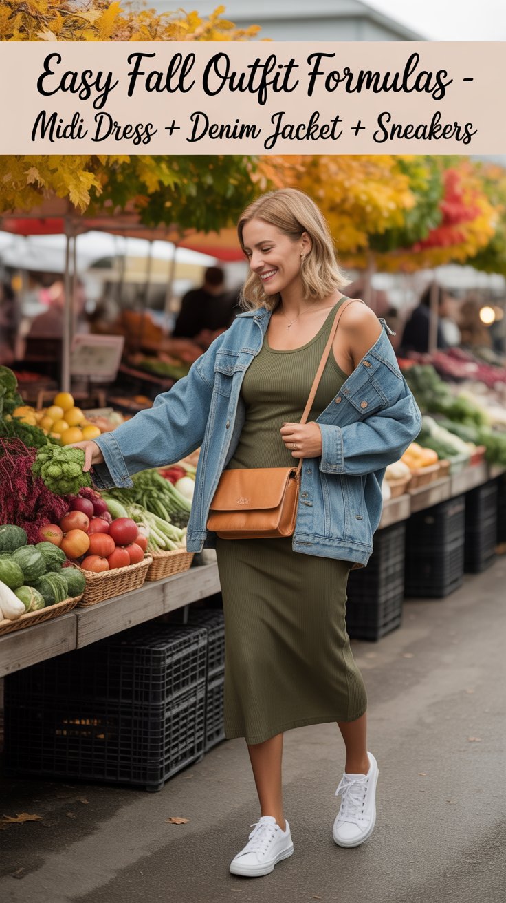 The fastest way to look like you tried. A soft knit or jersey midi dress moves easily through the day, and a denim jacket keeps it casual but intentional.