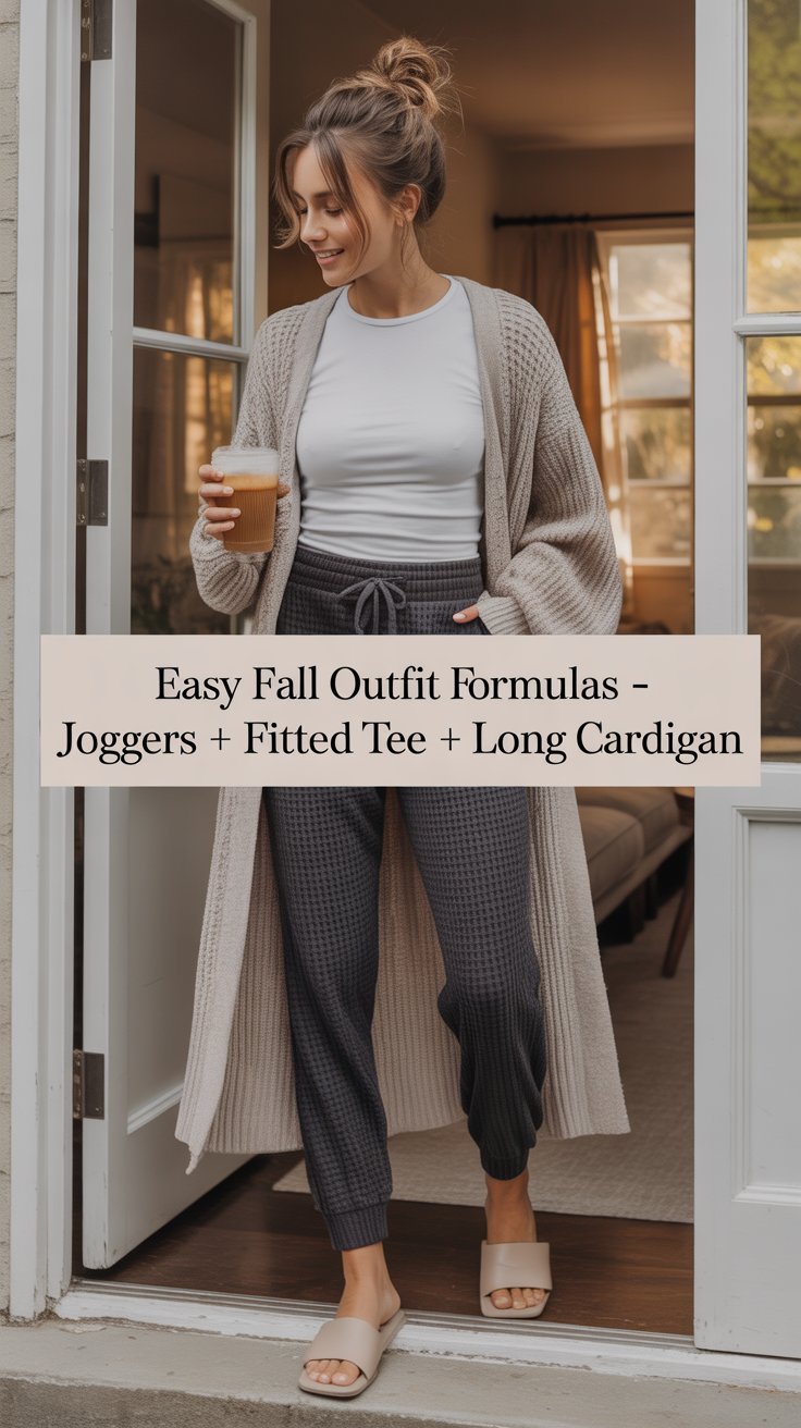 Comfy but not sloppy. Choose joggers with a tapered leg and a solid neutral tone. A long cardigan gives it structure while still feeling like you’re in pajamas.