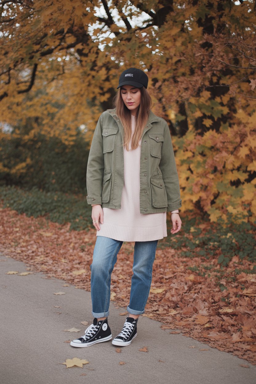 Try a ribbed knit dress and neutral sneakers or Converse.