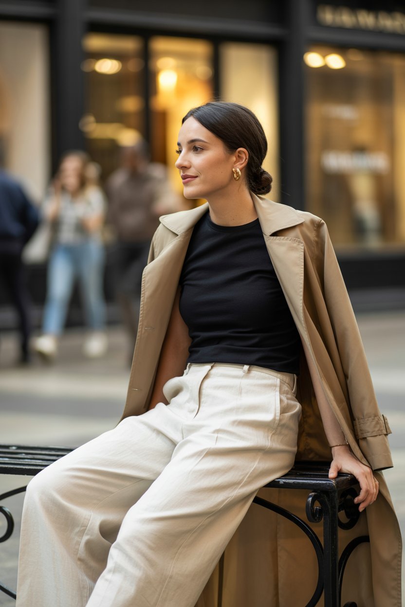  A tucked-in tee keeps proportions balanced, while the trench adds polish and warmth.