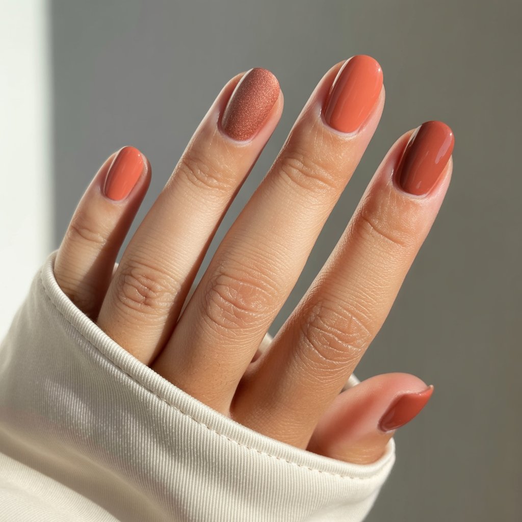 Glossy terracotta nails with one matte accent nail on each hand. The tone-on-tone finish feels sophisticated but still seasonal.