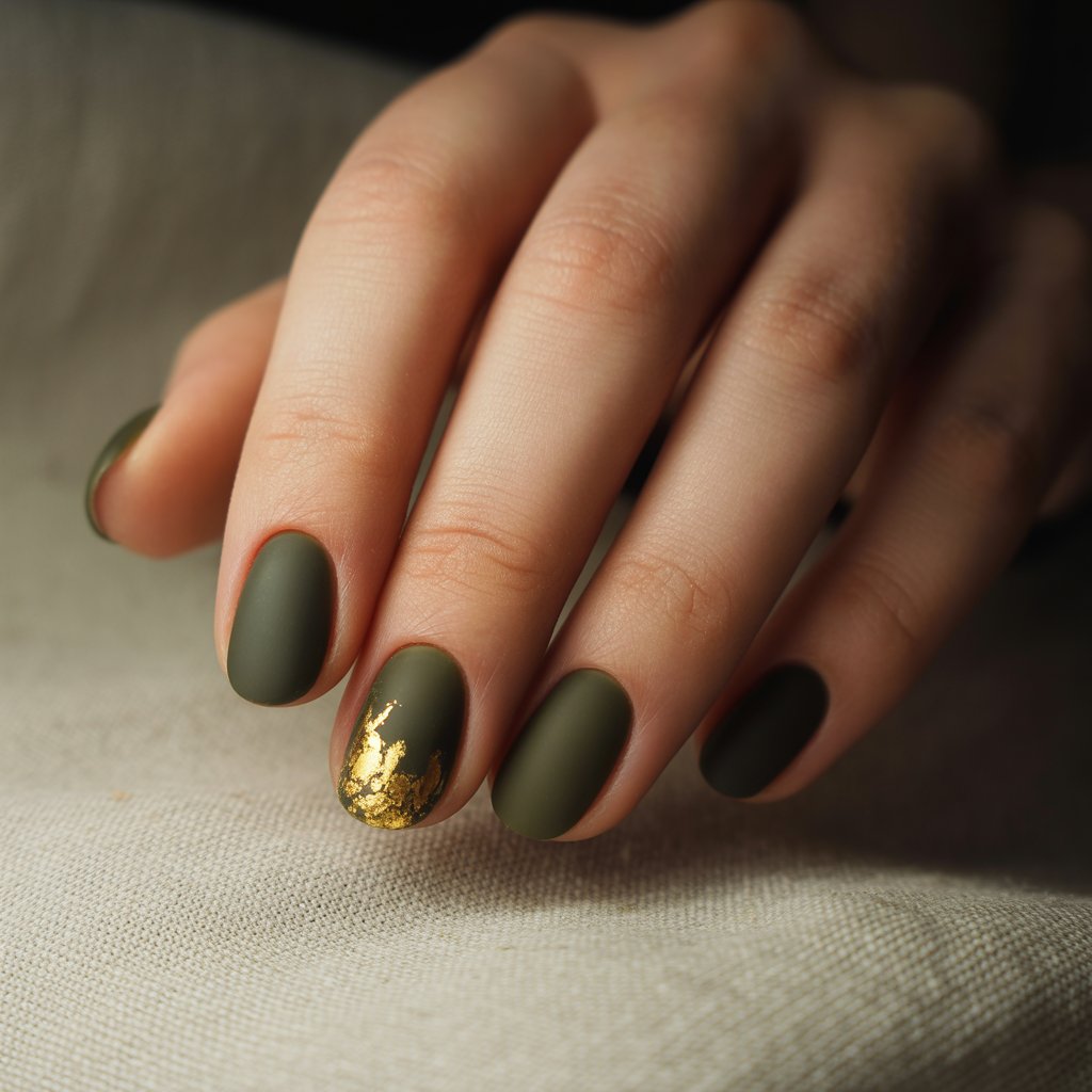 Matte olive nails with a single gold-foil accent nail. The green keeps it grounded while the metallic detail adds a little luxe factor.
