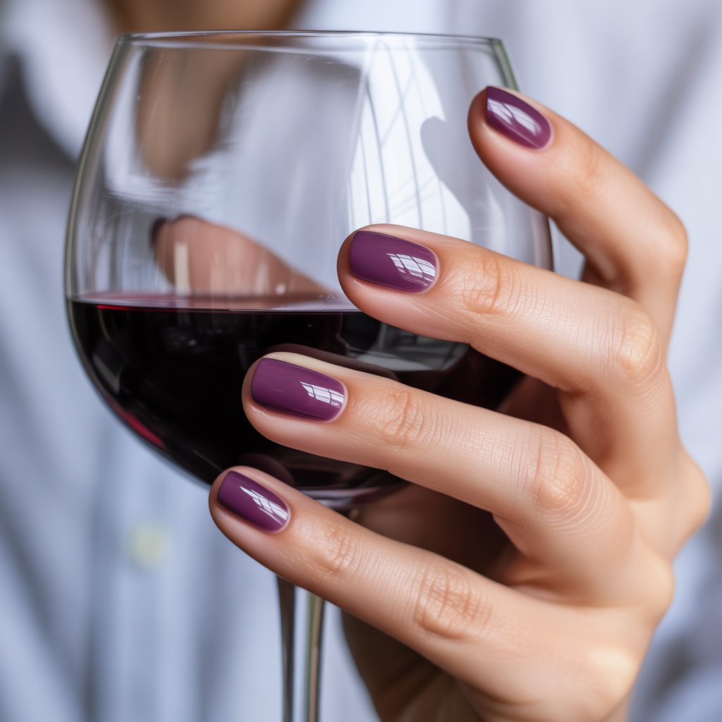 Glossy eggplant nails with a subtle chrome topcoat. The shine takes them from witchy to chic in one swipe.
