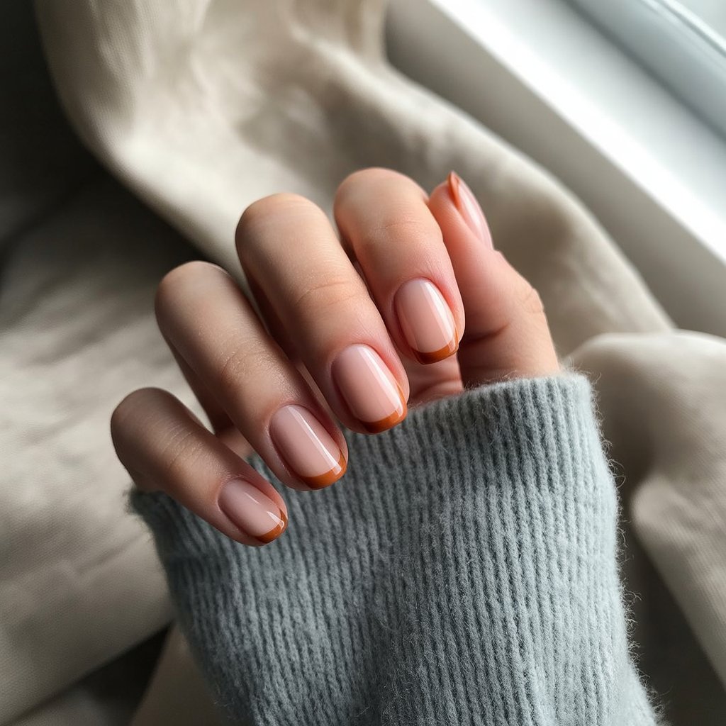 A sheer nude base with thin, rust-colored tips. It’s minimalist, modern, and a little unexpected for the season.