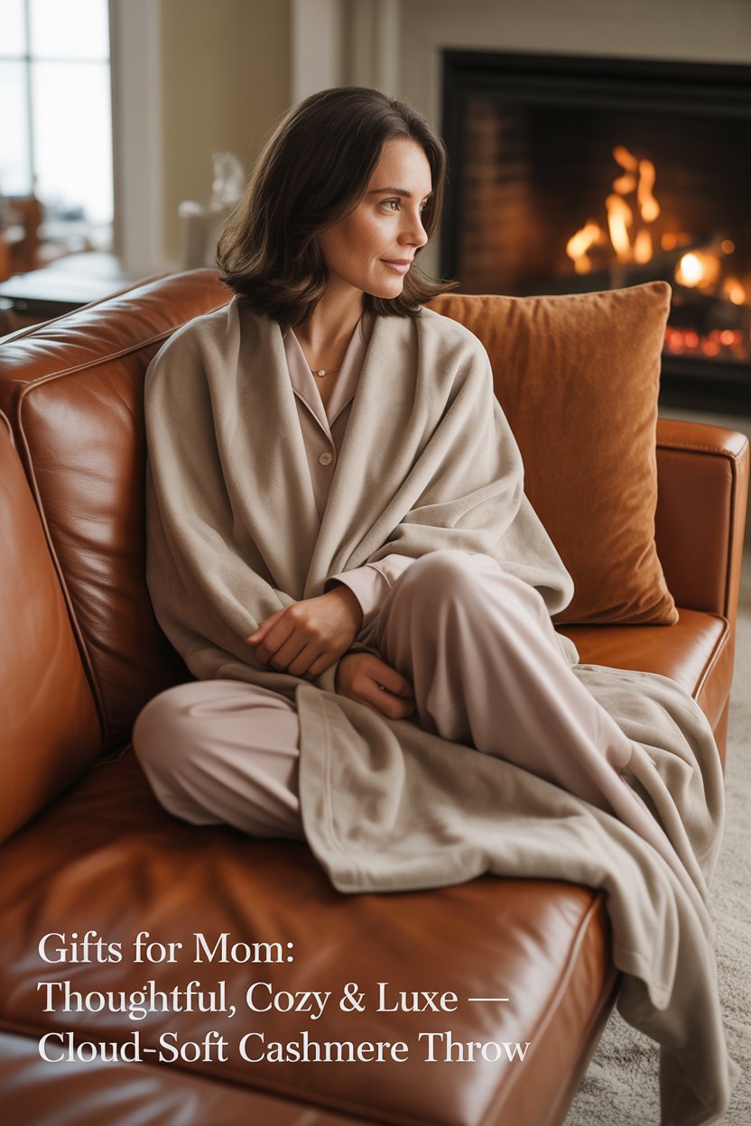 Drape-worthy and feather-light, a rib-knit cashmere-blend throw in warm oatmeal instantly elevates her sofa.
