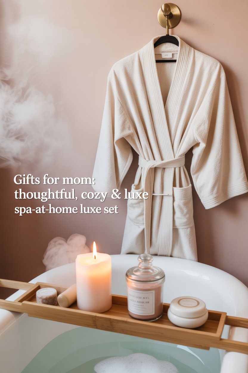 Think creamy terry-cloth robe, frosted-glass candle, and rose-clay bath soak in a rattan tray.